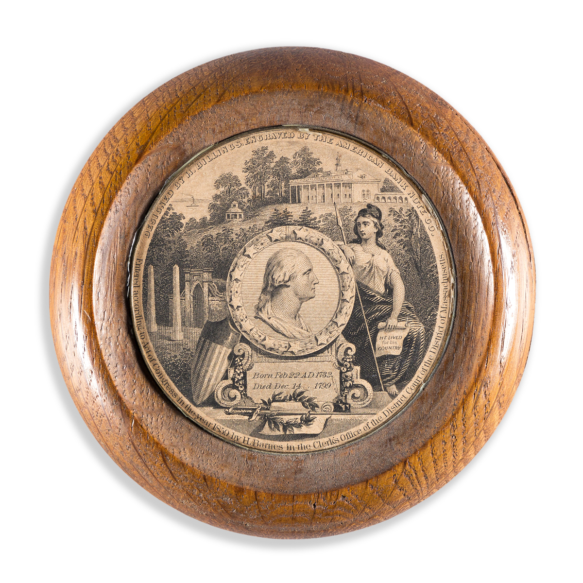 (WASHINGTON.) Miniature portrait of George Washington in a frame made from Mount Vernon wood.